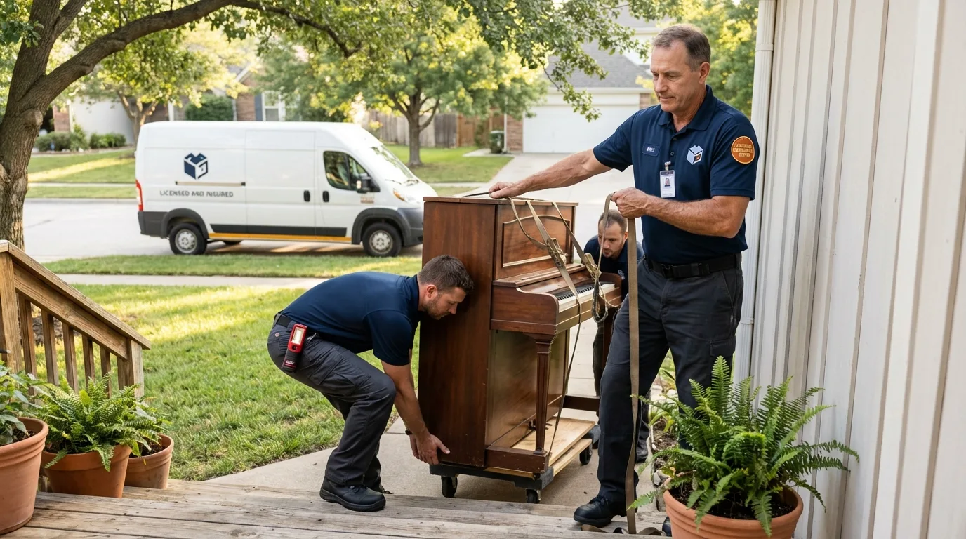 Licensed piano movers securing grand piano in Sammamish, WA