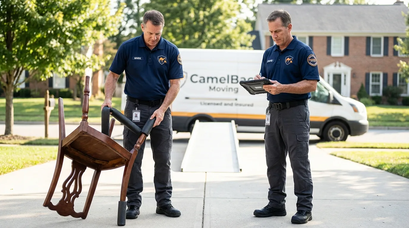 Movers inspecting furniture for damage prevention before loading in Sammamish, WA