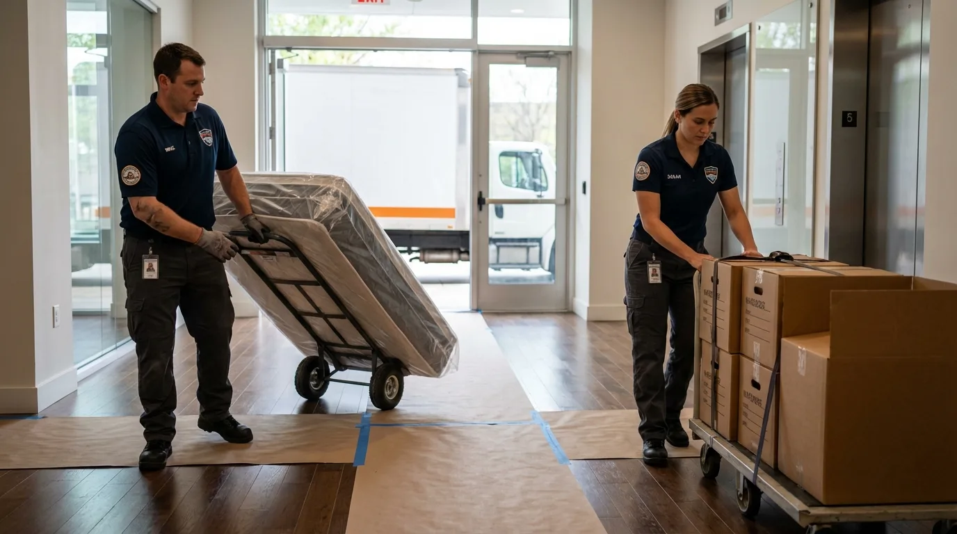Professional apartment movers loading elevator in Sammamish, WA